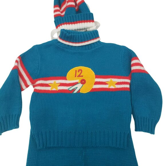 Vintage Let Kids Teal Knit Football Knit Sweater Pants Beanie Hat 70s Retro 24M - Picture 2 of 15